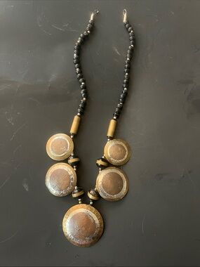 Boho Tribal Medallion Statement Necklace - Black & Gold 24 inches